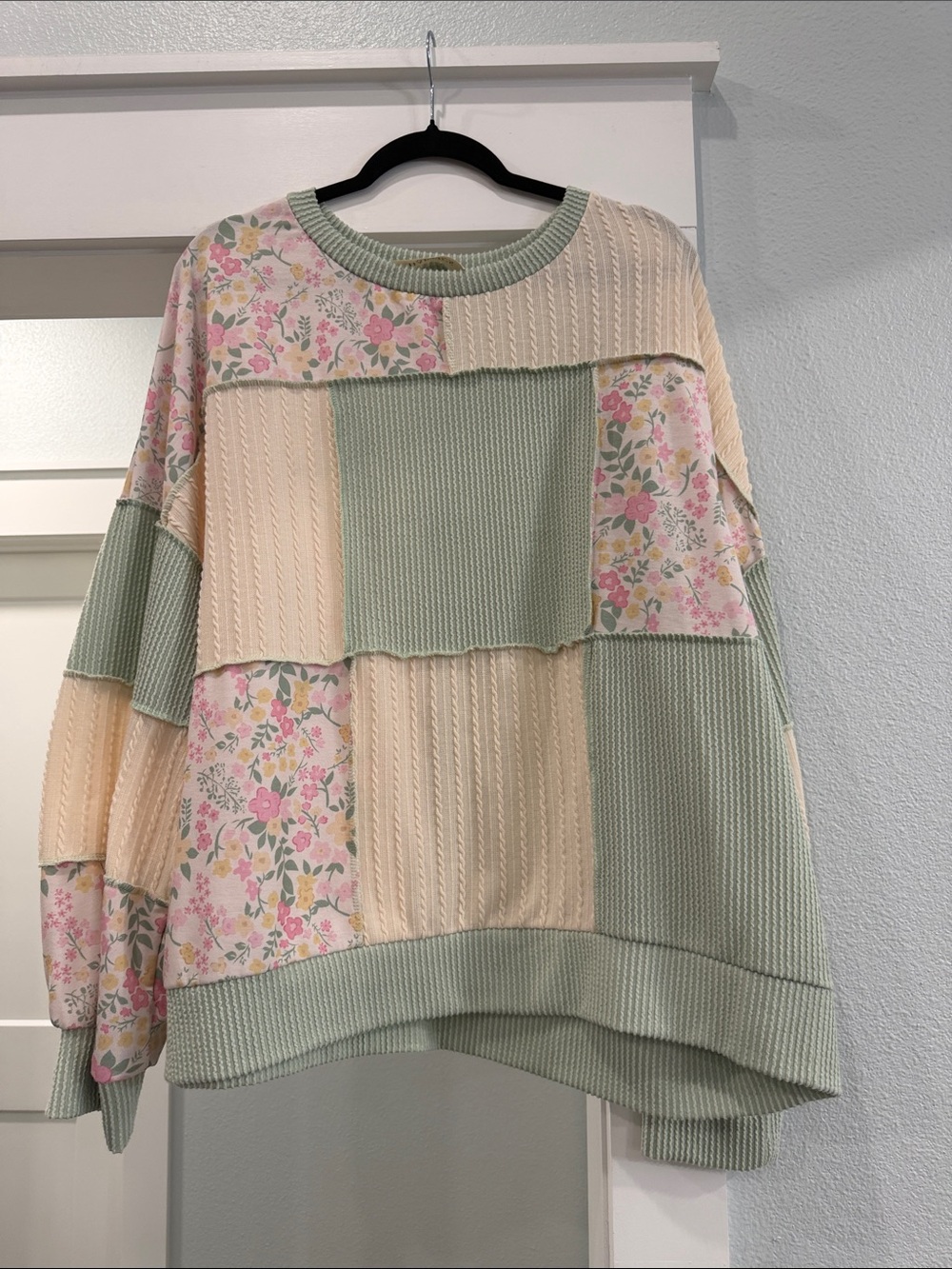 Patchwork Floral Crewneck Sweater in Cream & Sage